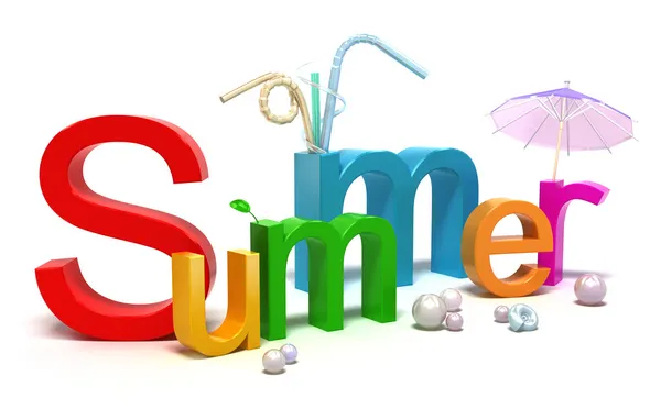Palabra de verano con letras de colores. Concepto 3D aislado en blanco — Foto de Stock