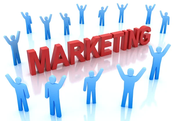 Personaggi blu intorno alla parola marketing in colore rosso isolato sul bianco — Foto Stock
