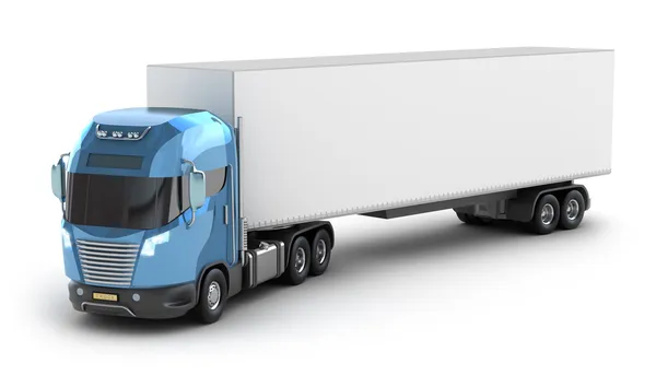 Blauwe vrachtwagen met aanhangwagen top bekijken geïsoleerd op wit. — Stockfoto
