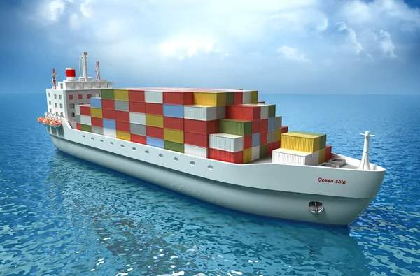 Statek towarowy żagle przez ocean. wysoka jakość renderowania 3d — Zdjęcie stockowe