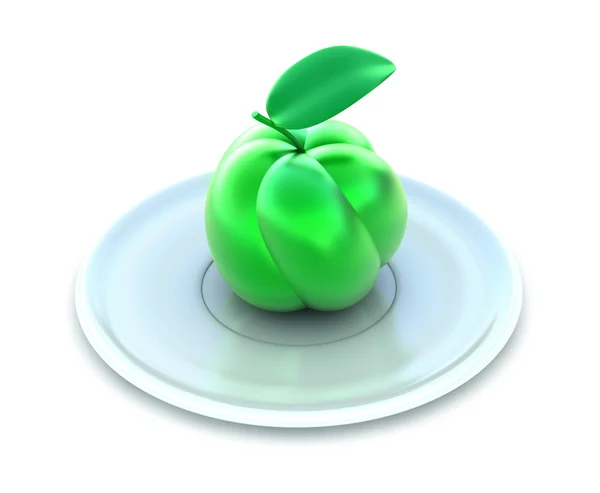 Зелене яблуко на білій тарілці, ізольоване на білому — стокове фото