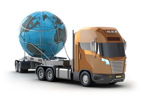 Современный грузовик, перевозящий земной шар изолирован на белом . — стоковое фото