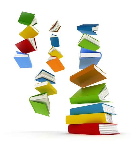 Livros coloridos com capa clara caindo em pilha isolada em branco — Fotografia de Stock