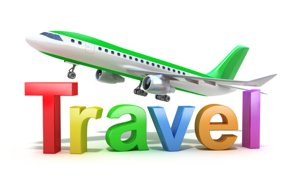 Travel word concept with plane isolated on white.