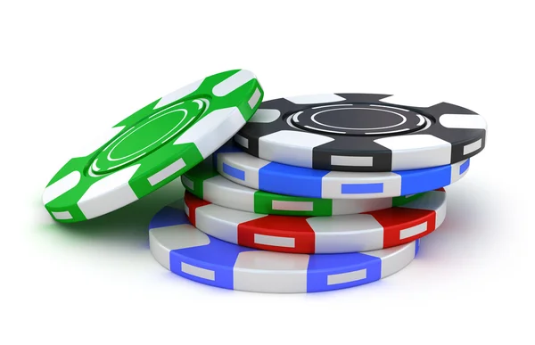 Düşen fron yukarıdaki üzerinde beyaz izole Poker fişleri — Stok fotoğraf