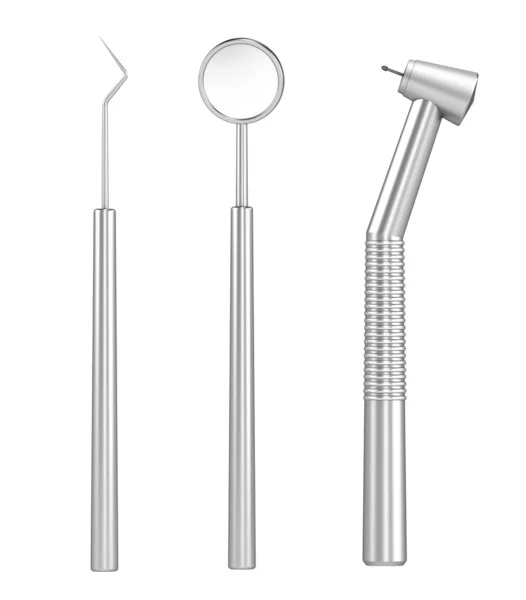 Instruments dentaires : miroir, sonde et perceuse. Isolé sur blanc — Photo