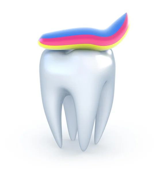 Zuby a barevné zubní pasta izolovaných na bílém — Stock fotografie