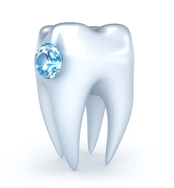 Зуб с голубым бриллиантом, над белым — стоковое фото