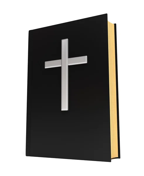 Bible book and silver cross isolated on white — Stock Photo, Image