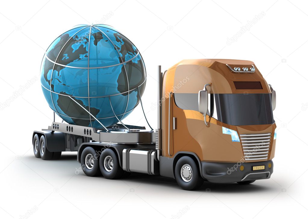 Modern truck transporting the globe isolated on white.