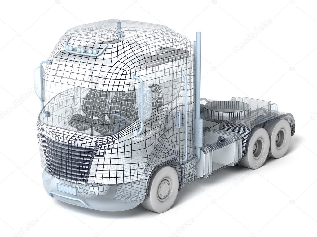 Truck with cargo container, wire model