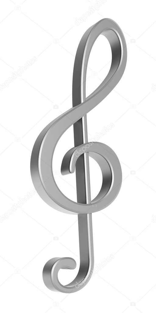 Silver 3D treble clef over white background