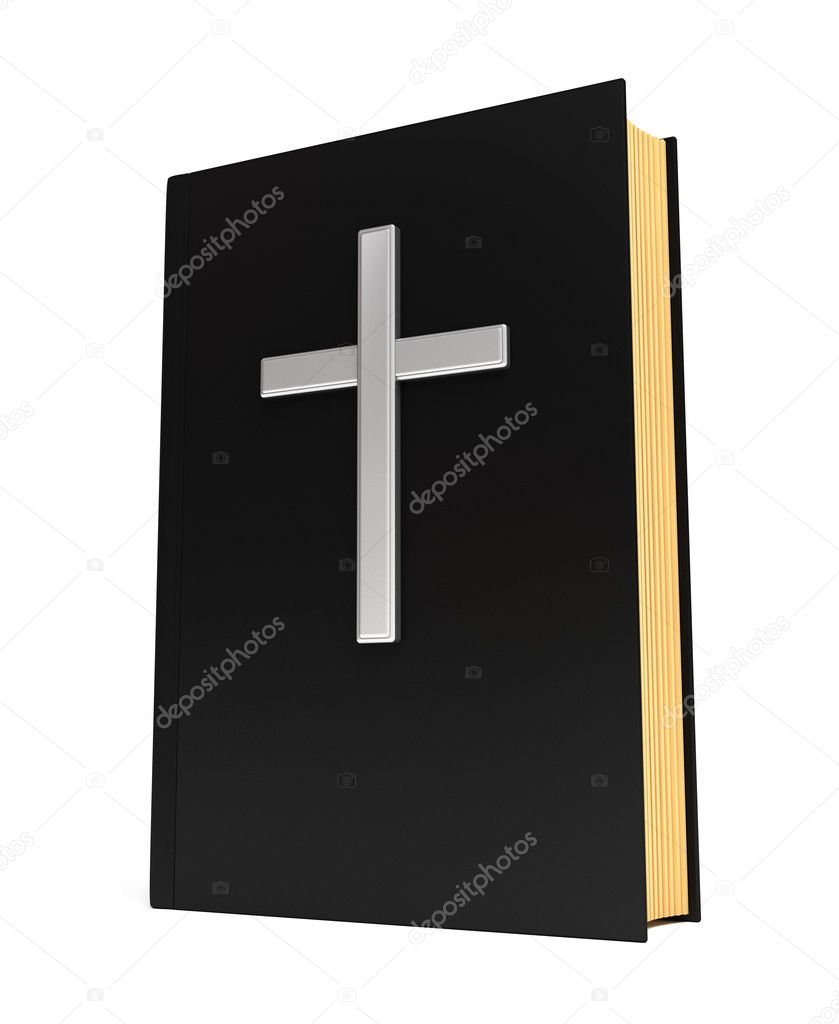 Bible book and silver cross isolated on white