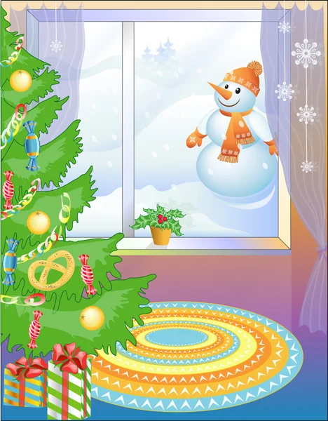 Arbre du Nouvel An avec bonbons & bonhomme de neige — Image vectorielle