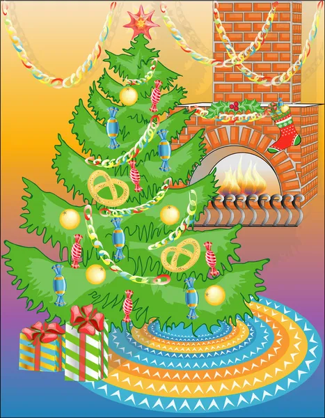 Neujahrsbaum mit Süßigkeiten & warmem Kamin — Stockvektor
