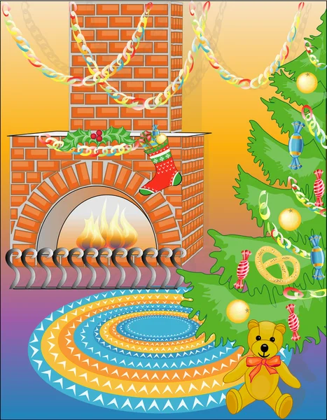 Oso y árbol de Año Nuevo con dulces y chimenea caliente — Vector de stock