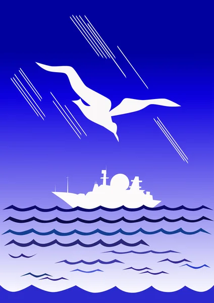Белая чайка и белый пароход — 스톡 벡터
