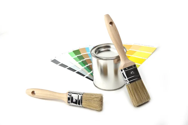 Farbe farbfächer pinsel renovieren heimwerker baumarkt Farbtopf — Stockfoto