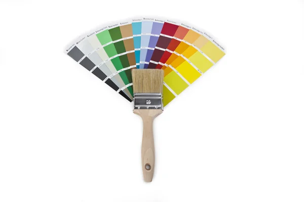 Farbe farbfächer pinsel farbtopf renovieren heimwerker baumarkt — 图库照片