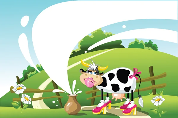Αστεία αγελάδα σε ένα τοπίο του καλοκαιριού. γάλα — Διανυσματικό Αρχείο