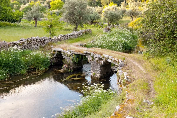 Stone bridge over small river against rural landscape — Stock Photo, Image