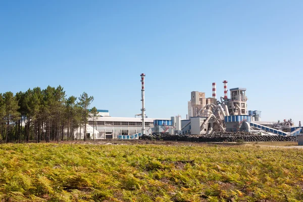 Rubberfabriek geïntegreerd in het landschap tegen blauwe hemel — Stockfoto