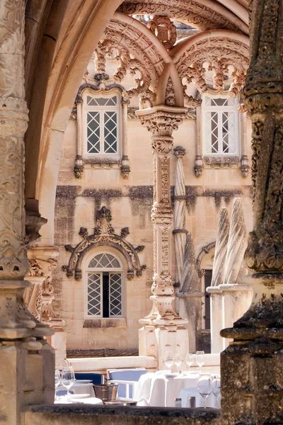 Detail of balcony in old castle with some tables inside — Stock Photo, Image