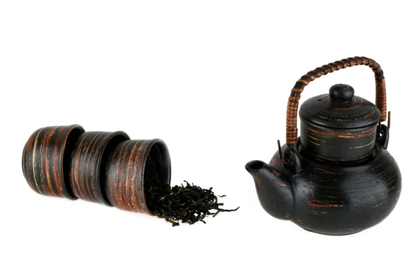 Beyaz zemin üzerine yeşil çay ile çay seti — Stok fotoğraf