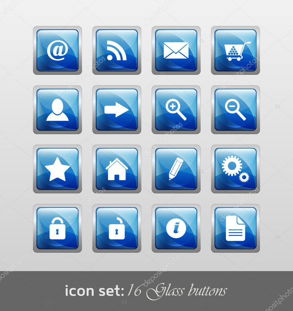 Icon set 16 glass buttons