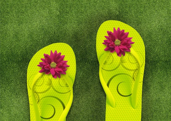 Yeşil çimenlerin üzerinde renkli flip flop — Stok fotoğraf