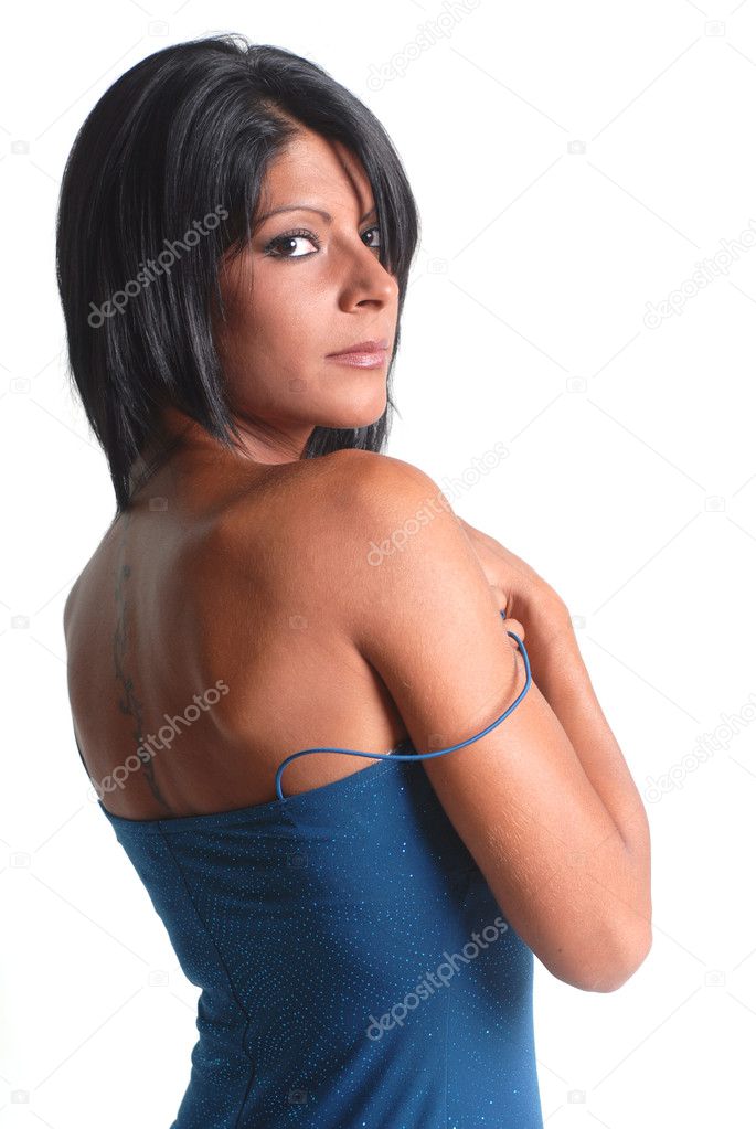 Brunette woman in blue dress