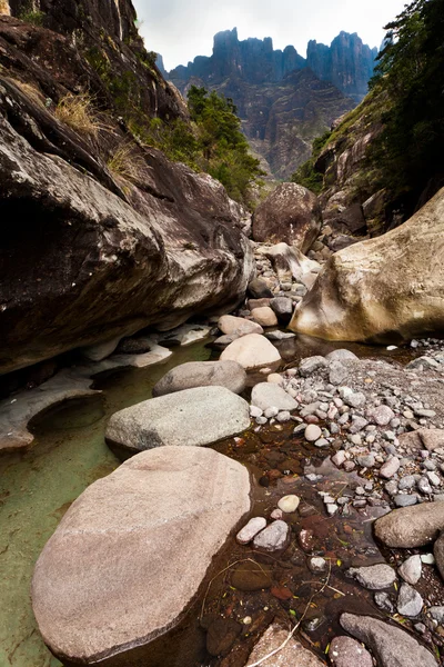 Сухое русло реки на фоне гор — стоковое фото