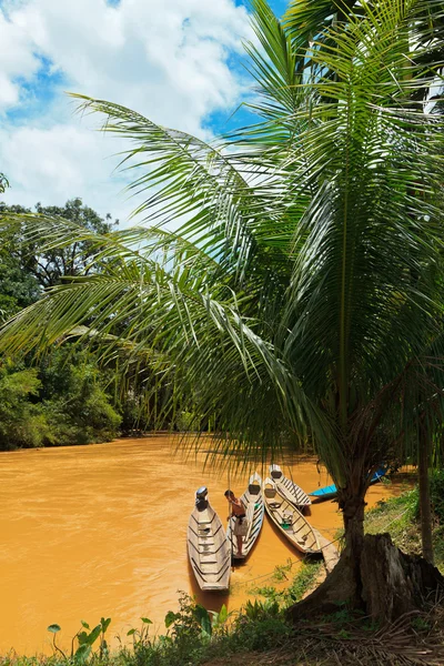 Rivière brune avec des bateaux dans la jungle — Photo