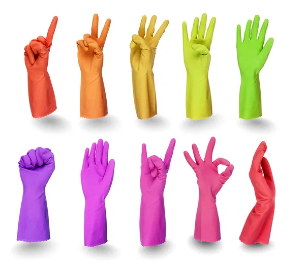 Kleurrijke handschoenen ondertekent geïsoleerd op wit — Stockfoto