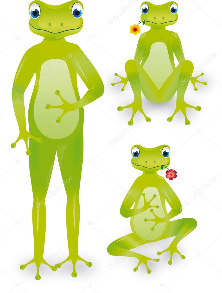 Frogs with flower, up, sat and in tailor