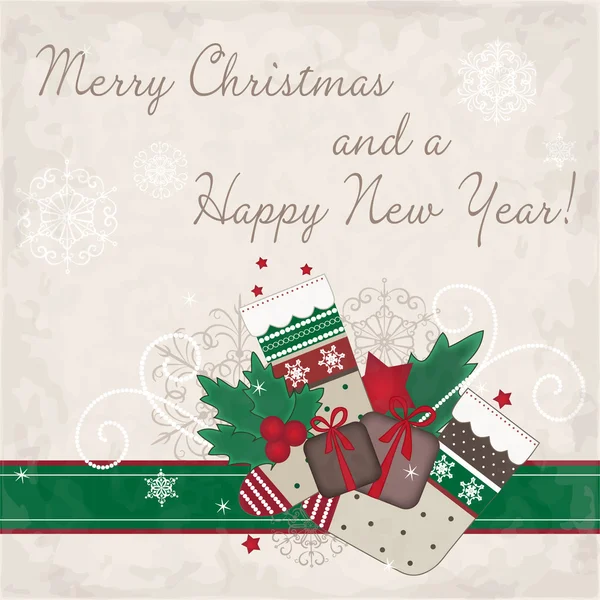 Χριστουγεννιάτικη κάρτα με δώρα και κάλτσες — Διανυσματικό Αρχείο