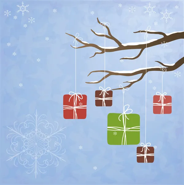 Sfondo invernale con regali su un albero — Vettoriale Stock