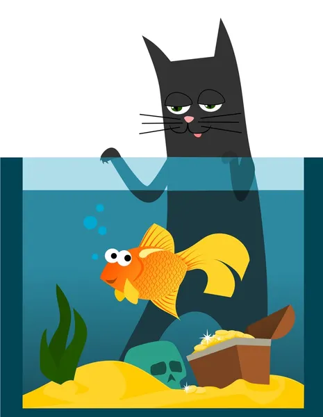 Чорний кіт і золота рибка — стоковий вектор