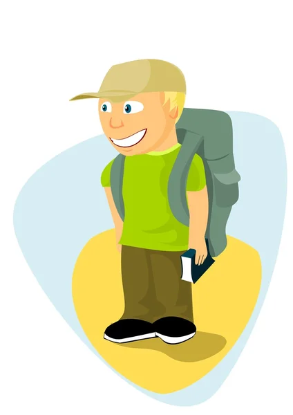 Backpacker boy with travel guide — Stock Vector