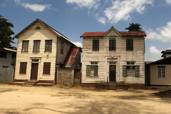 Old wooden houses in the JF Nassylaan, in the center of Paramaribo, the capital of Suriname (South America). The center is an Unesco World Heritage Site.