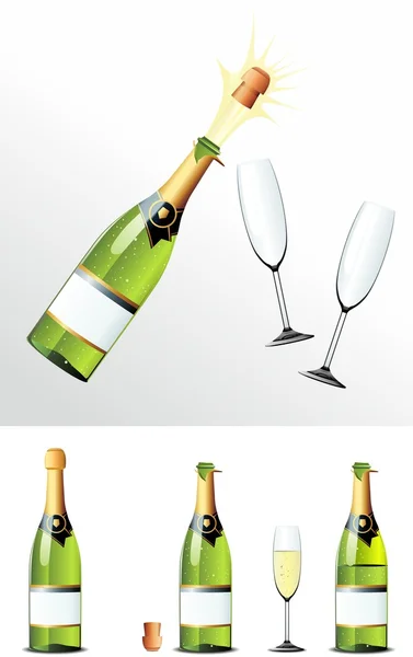 Champagne Bouteille de liège et verres — Image vectorielle