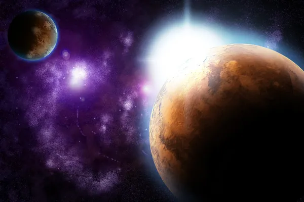 Planeta abstracto con destello solar en el espacio profundo - nebulosa estelar de nuevo —  Fotos de Stock
