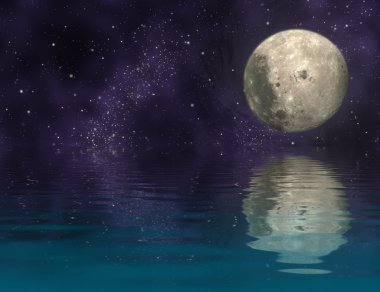 Moon in universe and reflection moon and universe on ripply wate
