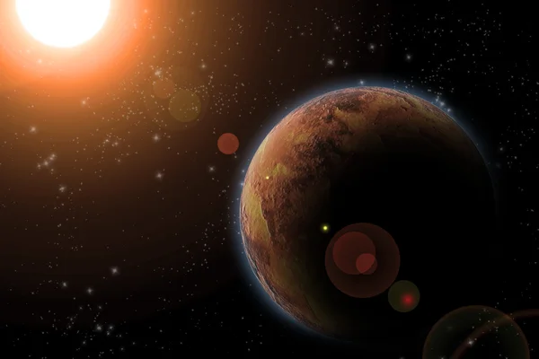 Deep space, a bolygó és a nap háttér. reális absztrakt szeretnénk — Stock Fotó