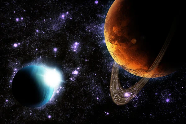 Pianeta astratto con bagliore solare nello spazio profondo - nebulosa stellare di nuovo — Foto Stock