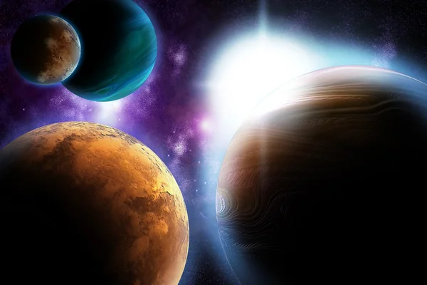 深宇宙 - スター星雲再び太陽フレアと抽象的な惑星 — ストック写真