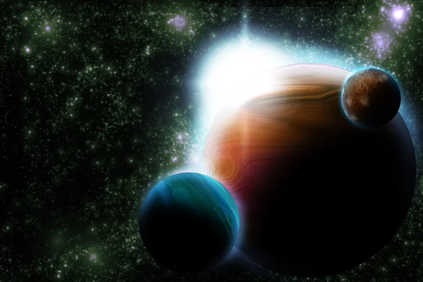抽象行星与太阳耀斑深度空间-星级星云再次 — 图库照片