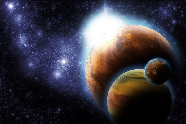 Abstrakta planet med solen flare i rymden - stjärnigt nebula igen — Stockfoto