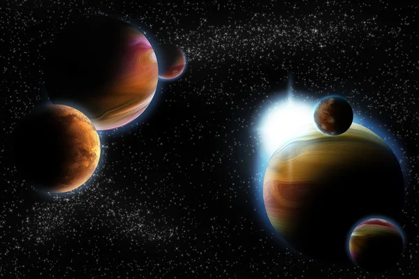 深宇宙 - スター星雲再び太陽フレアと抽象的な惑星 — ストック写真