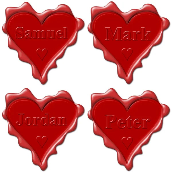 Coeurs d'amour de Saint-Valentin avec des noms : Samuel, Mark, Jordan, Peter — Photo